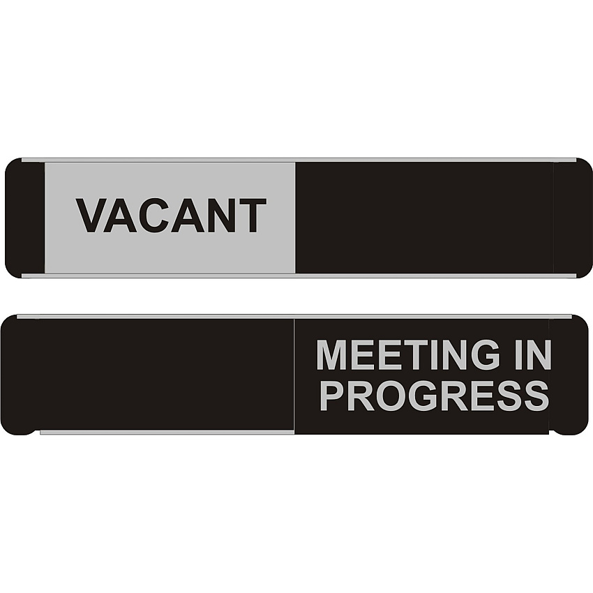 Seco Door Sign Print/Message "Vacant" , "Meeting In Progress" - 10" Width x 2" Height - Rectangular Shape - Self-adhesive, Adhesive Backing - Aluminum, Polyvinyl Chloride (PVC) - Black - 1 Each (OF139255X52)