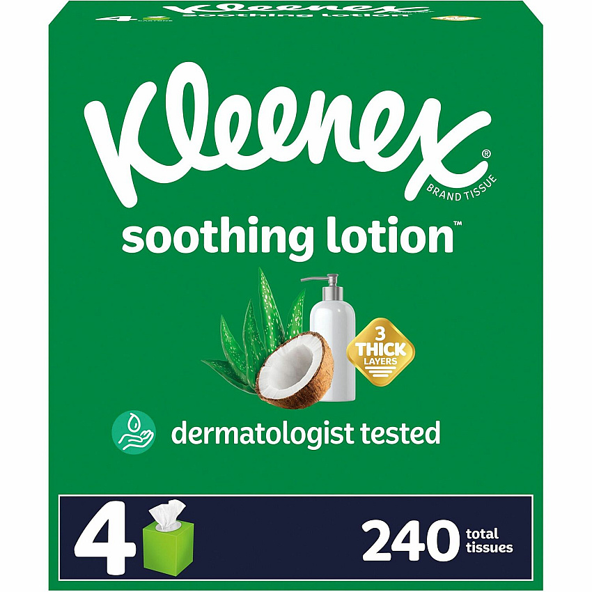 Kleenex Soothing Lotion Tissues 3 Ply - WhiteBox - 60/Box - 4 / Pack (54289)