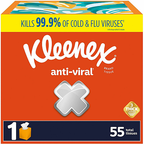 Kleenex&reg; Anti-viral Facial Tissue, 3-Ply, 55 Sheet Box 3 Ply - WhiteBox - 55/Box - 1 Each (54505)