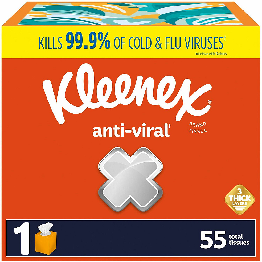 Kleenex&reg; Anti-viral Facial Tissue, 3-Ply, 55 Sheet Box 3 Ply - WhiteBox - 55/Box - 1 Each (54505)