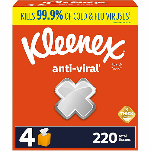Kleenex&reg; Anti-viral Facial Tissue, 3-Ply, 55 Sheet Box, 12 Boxes 3 Ply - WhiteBox - 55/Box - 48 / Carton (54506CT)