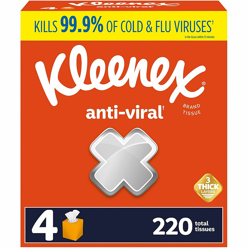 Kleenex&reg; Anti-viral Facial Tissue, 3-Ply, 55 Sheet Box, 12 Boxes 3 Ply - WhiteBox - 55/Box - 48 / Carton (54506CT)