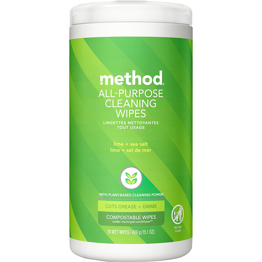 Method All-purpose Cleaning Wipes Lime + Seasalt Scent - Pleasant Scent - Green - 70/Tub - 1 Each (338525)