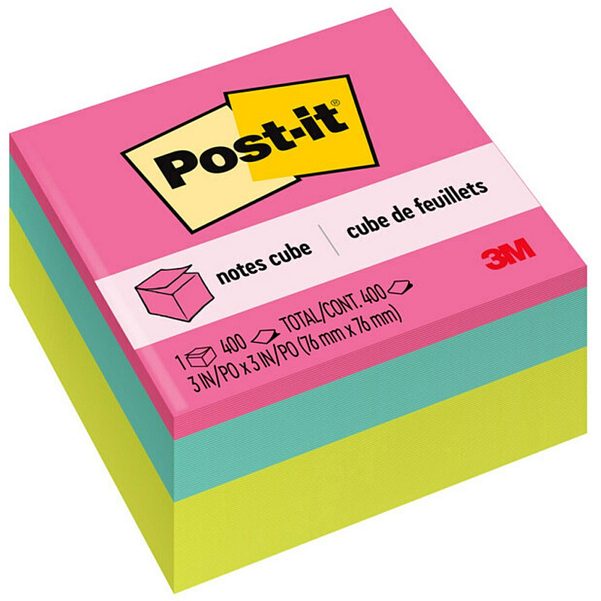 Post-it&reg; Super Sticky Notes Cubes 3" Flag/Note Width x 3" Flag/Note Length - Square - 400 Sheets per Pad - Power Pink, Aqua Splash, Acid Lime - Sticky, Adhesive - 1 Pack (2027BRT)