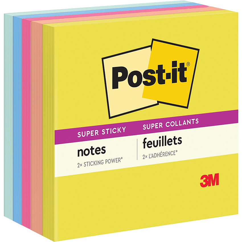 Post-it&reg; Super Sticky Note Pads - Summer Joy Color Collection 3" Flag/Note Width x 3" Flag/Note Length - Square - 90 Sheets per Pad - Citron, Papaya Fizz, Power Pink, Washed Denim, Fresh Mint - Sticky, Recyclable - 5 / Pack (6545SSJOY)
