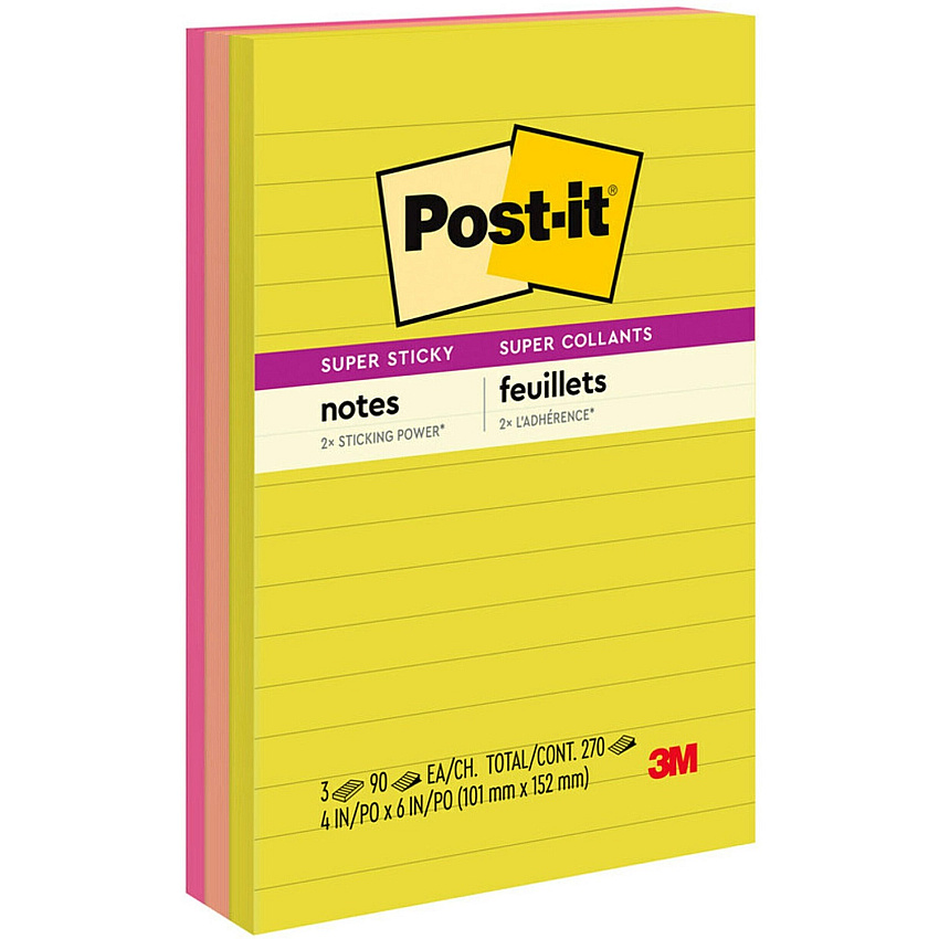 Post-it&reg; Super Sticky Multi-Pack Notes - Summer Joy Color Collection 4" Flag/Note Width x 6" Flag/Note Length - Rectangle - 90 Sheets per Pad - Citron, Papaya Fizz, Power Pink, Washed Denim, Fresh Mint - Sticky, Recyclable - 3 / Pack (6603SSJOY)