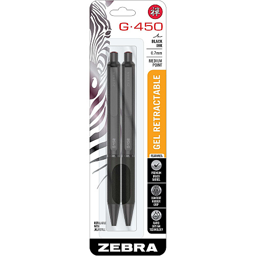 Zebra Pen G-450 Gel Retractable 0.7mm Black 2Pk Medium Pen Point - Refillable - Retractable - Black Brass Barrel - 2 / Pack (49512)