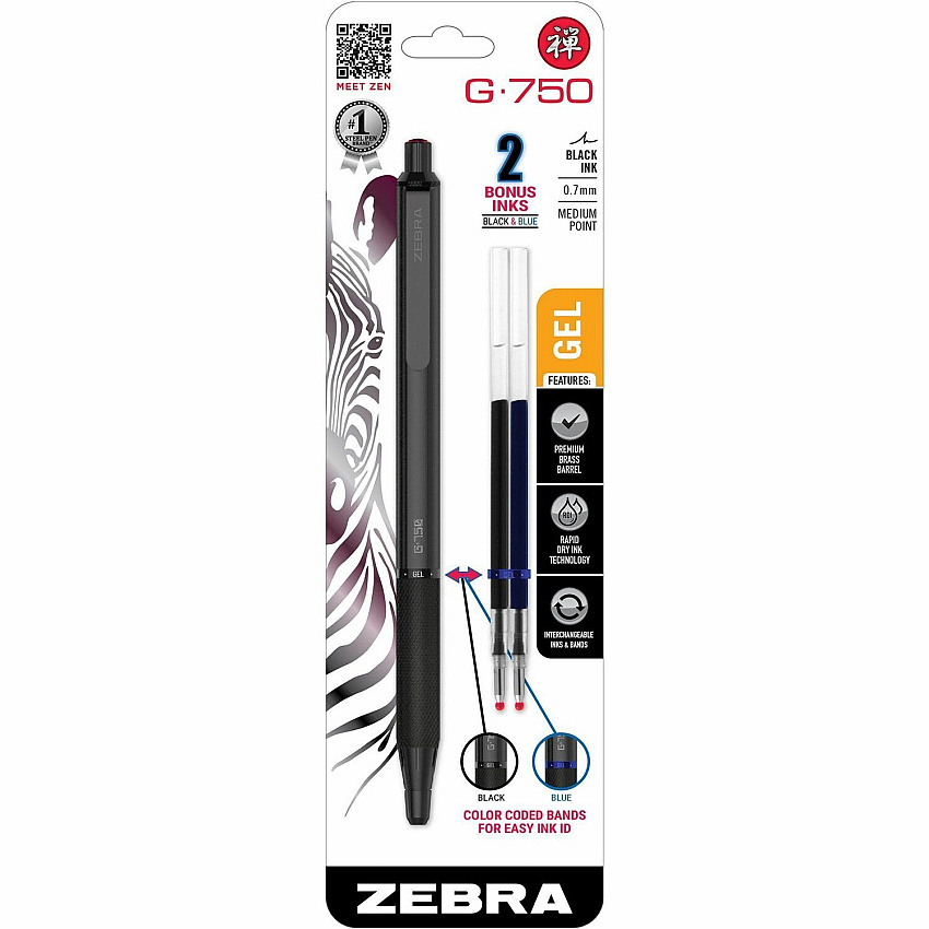 Zebra Pen G-750 Gel Retractable 0.7mm Black 1Pk Medium Pen Point - Refillable - Retractable - Black Brass Barrel - 1 / Pack (49811)