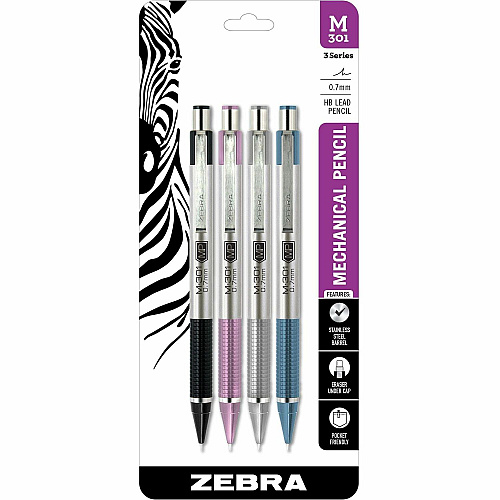 Zebra Pen STEEL 3 Mechanic Pencil 0.7 mm Lead - HB - Medium Point - Refillable - Black Stainless Steel, Pink, Silver, Blue Barrel - 4 / Pack (54114)