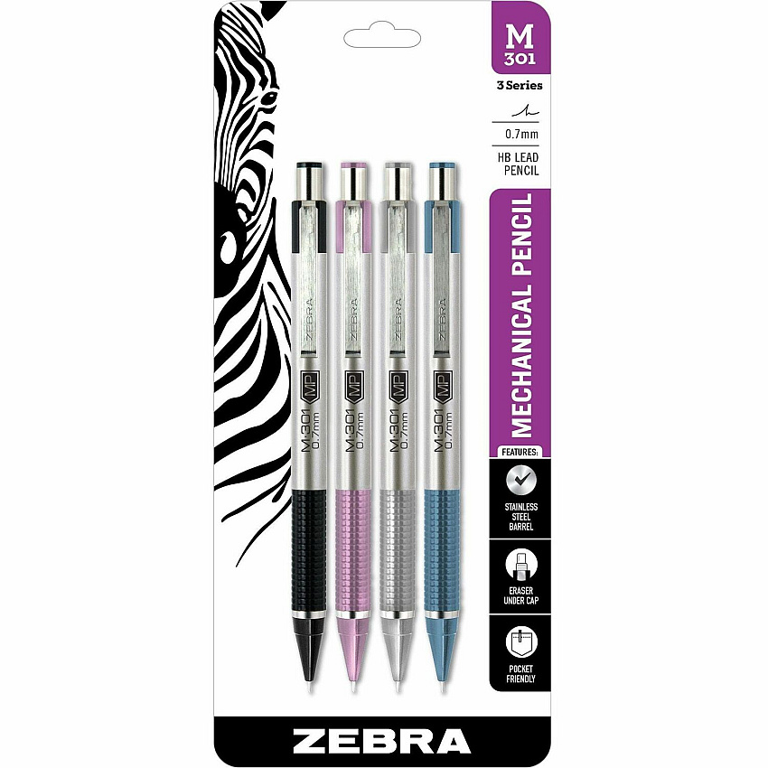 Zebra Pen STEEL 3 Mechanic Pencil 0.7 mm Lead - HB - Medium Point - Refillable - Black Stainless Steel, Pink, Silver, Blue Barrel - 4 / Pack (54114)