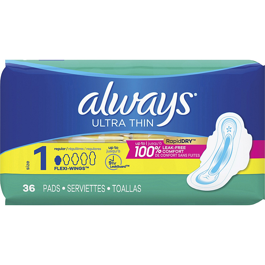 Always Ultra Thin Regular Pads with Wings With Wings - Regular - Absorbent, Anti-leak, Unscented, Comfortable - 36/Pack - 6 / Carton (30656CT)