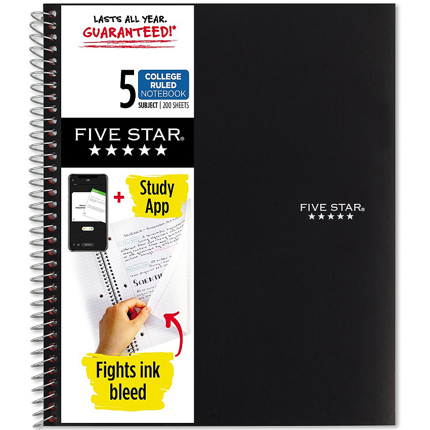 Acco Five Star Notebook 5 Subject(s) - 200 Sheets - Wire Bound - College Ruled Front Ruling - 3 Hole(s) - Letter - 8 1/2" x 11" Sheet Size - Black Cover - Bleed Resistant, Pocket, Perforated, Water Resistant, Spiral Lock, Acid-free, Pocket Divider (72081)