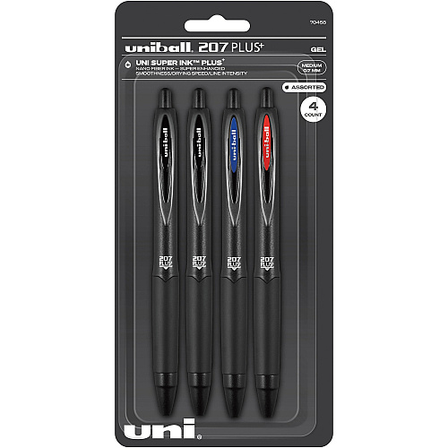 uni-ball uniball&trade; 207 Plus+ Gel Pen 0.7 mm Medium Pen Point - Retractable - Assorted Ink - Gel-based, Nanofiber Ink - Black Metal Barrel - 4 / Pack (70458)