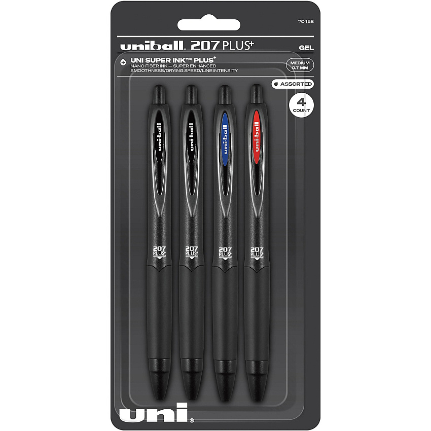 uni-ball uniball&trade; 207 Plus+ Gel Pen 0.7 mm Medium Pen Point - Retractable - Assorted Ink - Gel-based, Nanofiber Ink - Black Metal Barrel - 4 / Pack (70458)