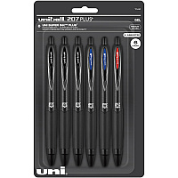 uni-ball uniball&trade; 207 Plus+ Gel Pen Medium Pen Point - Retractable - Assorted Ink - Gel-based - Black Metal Barrel - 6 / Pack (70461)
