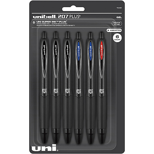 uni-ball uniball&trade; 207 Plus+ Gel Pen Medium Pen Point - Retractable - Assorted Ink - Gel-based - Black Metal Barrel - 6 / Pack (70461)