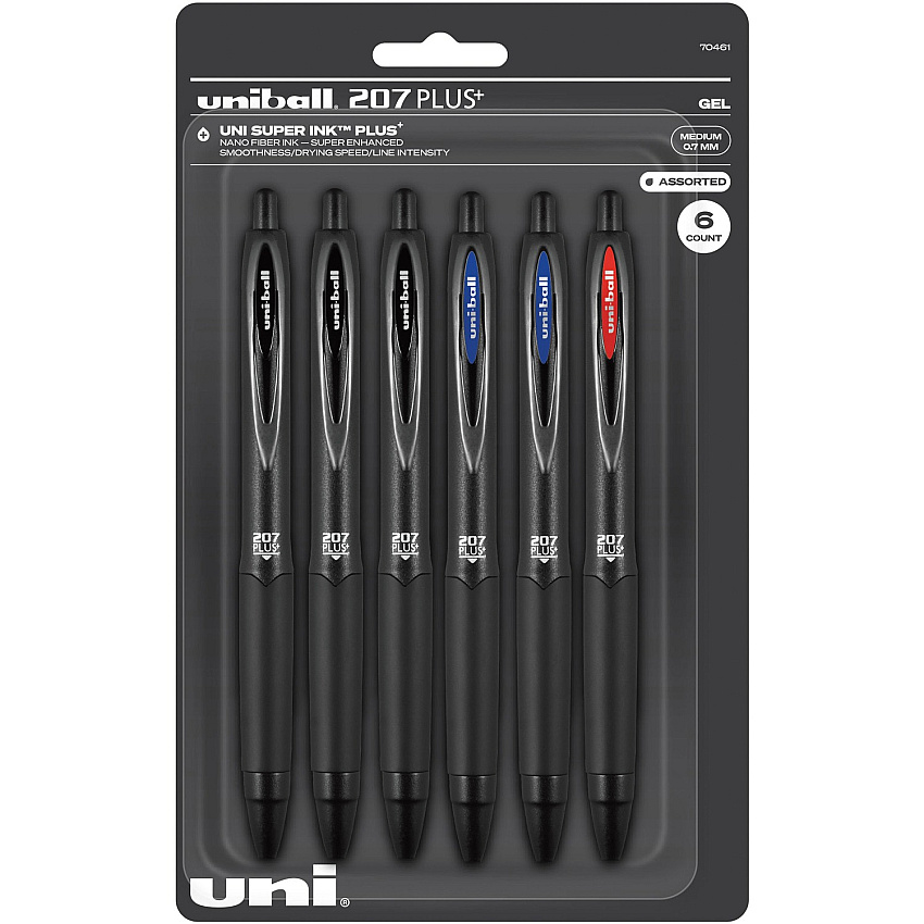 uni-ball uniball&trade; 207 Plus+ Gel Pen Medium Pen Point - Retractable - Assorted Ink - Gel-based - Black Metal Barrel - 6 / Pack (70461)