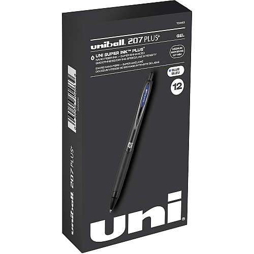 uni-ball uniball&trade; 207 Plus+ Gel Pen 0.7 mm Medium Conical Pen Point - Refillable - Retractable - Blue Ink - Gel-based, Nanofiber Ink - Black Metal Barrel - 1 Dozen (70463)