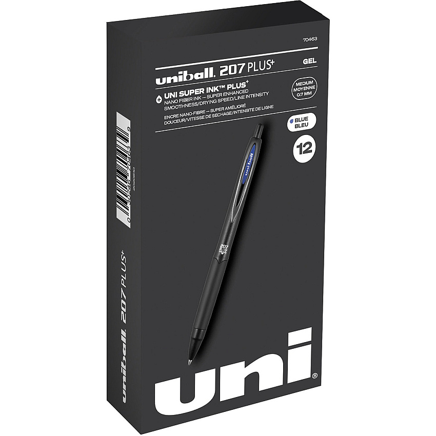 uni-ball uniball&trade; 207 Plus+ Gel Pen 0.7 mm Medium Conical Pen Point - Refillable - Retractable - Blue Ink - Gel-based, Nanofiber Ink - Black Metal Barrel - 1 Dozen (70463)