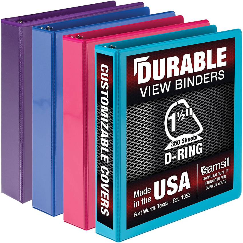 Samsill Durable 1.5 Inch Binder, Made in the USA, D Ring Customizable Clear View Binder, Fashion Assortment, 4 Pack, Each Holds 350 Page 1 1/2" Binder Capacity - 350 Sheet Capacity - Fastener(s): D-Ring - Chipboard, Polypropylene - Assorted - Re (MP46459)