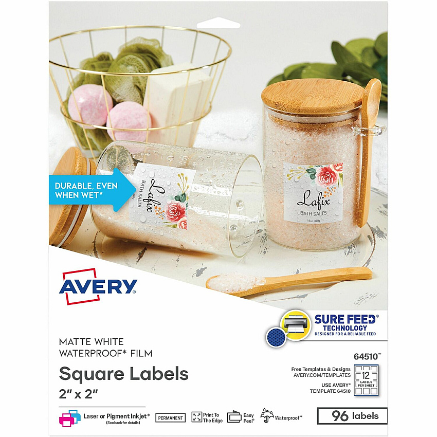Avery Durable Waterproof Labels, 2" x 2" Square, 96 Total Waterproof - x 2" Width x 2" Length - Full Sheet - Permanent Adhesive - Square - Inkjet, Laser - Matte White - Matte - Film - Water Resistant - Self-adhesive, Oil Resistant, Easy Peel, Pop  (64510)