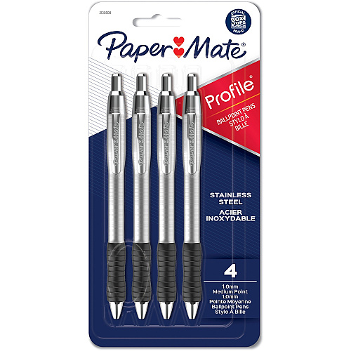 Paper Mate Profile Retractable Ballpoint Pens 1 mm Pen Point - Retractable - Gray Ink - Assorted Stainless Steel Barrel - 4 / Pack (2130508)