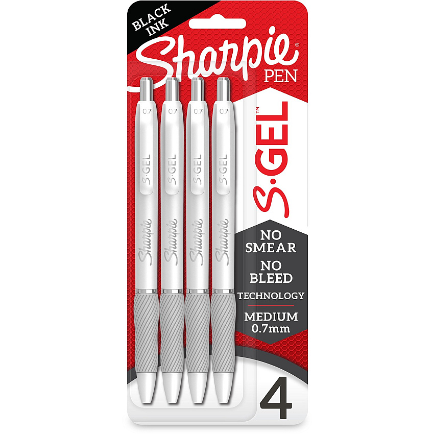 Sharpie S-Gel Pens 0.7 mm Medium Pen Point - Black Ink - Gel-based - White Metal Barrel - 4 / Pack (2126207)