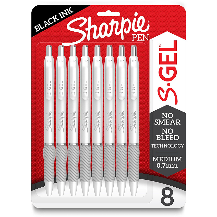 Sharpie S-Gel Pens 0.7 mm Medium Pen Point - Black Ink - Gel-based - White Metal Barrel - 8 / Pack (2169762)