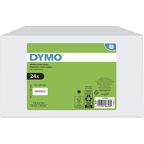 Dymo Multipurpose White Medium Labels 1" Width x 1/2" Length - Rectangle - Thermal - White - Jam Resistant, Self-adhesive, Hassle-free - 1000 / Roll - 24 / Box (2173845)