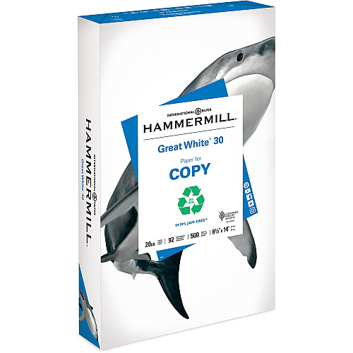 Hammermill Great White Recycled Copy Paper - White 92 Brightness - Legal - 8 1/2" x 14" - 20 lb Basis Weight - Acid-free, Moisture Resistant, Archival-safe, Jam-free - White - 500 Sheets per Ream - 300 / Pallet (86704PL)