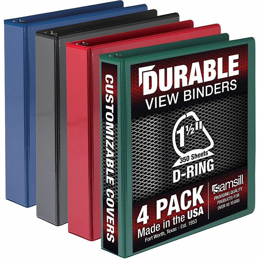 Samsill Durable 1.5 Inch Binder, Made in the USA, D Ring Customizable Clear View Binder, Basic Assortment, 4 Pack, Each Holds 350 Page 1 1/2" Binder Capacity - Letter - 8 1/2" x 11" Sheet Size - 350 Sheet Capacity - Fastener(s): D-Ring - Pocket( (MP46458)