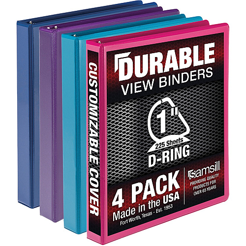 Samsill Durable 1 Inch Binder, Made in the USA, D Ring Customizable Clear View Cover, Fashion Assortment, 4 Pack, Each holds 225 Pages 1" Binder Capacity - Letter - 8 1/2" x 11" Sheet Size - 225 Sheet Capacity - 3 Ring(s) - Fastener(s): D-Ring - (MP46439)