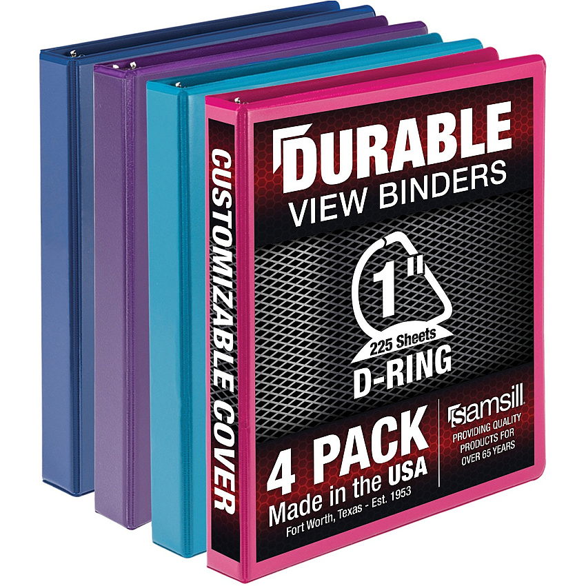 Samsill Durable 1 Inch Binder, Made in the USA, D Ring Customizable Clear View Cover, Fashion Assortment, 4 Pack, Each holds 225 Pages 1" Binder Capacity - Letter - 8 1/2" x 11" Sheet Size - 225 Sheet Capacity - 3 Ring(s) - Fastener(s): D-Ring - (MP46439)