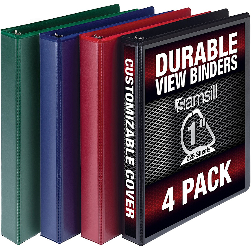 Samsill Durable 1 Inch Binder, Made in The USA, D Ring Binder, Customizable Clear View Cover, Basic Assortment, 4 Pack, Each Holds 225 Pages 1" Binder Capacity - Letter - 8 1/2" x 11" Sheet Size - 225 Sheet Capacity - 3 Ring(s) - Fastener(s): D- (MP46409)