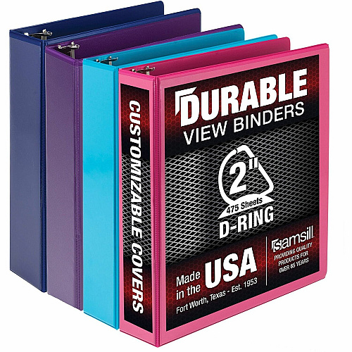 Samsill Durable 2 Inch Binder, Made in the USA, D Ring Customizable Clear View Binder, Fashion Assortment, 4 Pack, Each Holds 475Page 2" Binder Capacity - Letter - 8 1/2" x 11" Sheet Size - 475 Sheet Capacity - 3 Ring(s) - Fastener(s): D-Ring -  (MP46469)