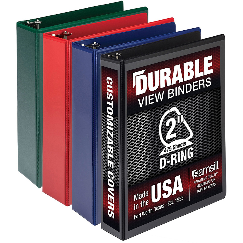 Samsill Durable 2 Inch Binder, Made in the USA, D Ring Customizable Clear View Binder, Basic Assortment, 4 Pack, Each Holds 475 Pages 2" Binder Capacity - Letter - 8 1/2" x 11" Sheet Size - 475 Sheet Capacity - 3 Ring(s) - Fastener(s): D-Ring -  (MP46468)