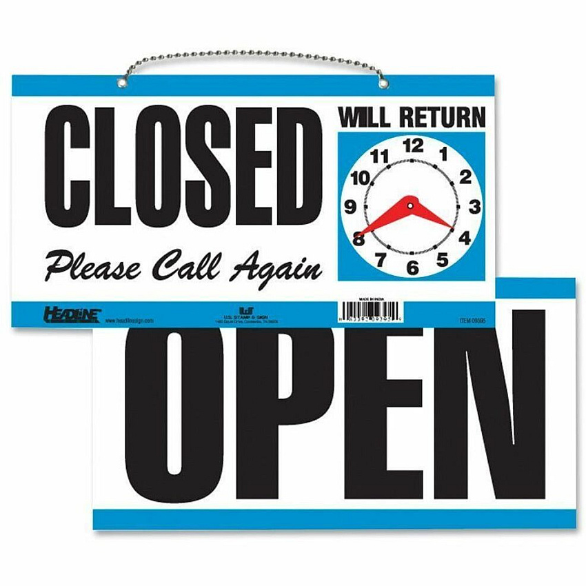 Headline Signs OPEN/CLOSED 2-sided Sign Print/Message "Open/Closed/Please Call Again/Will Return" - 11.5" Width x 6" Depth - Rectangular Shape - Double Sided - Customizable Time - Plastic - White, Blue - 1 Each (9395)