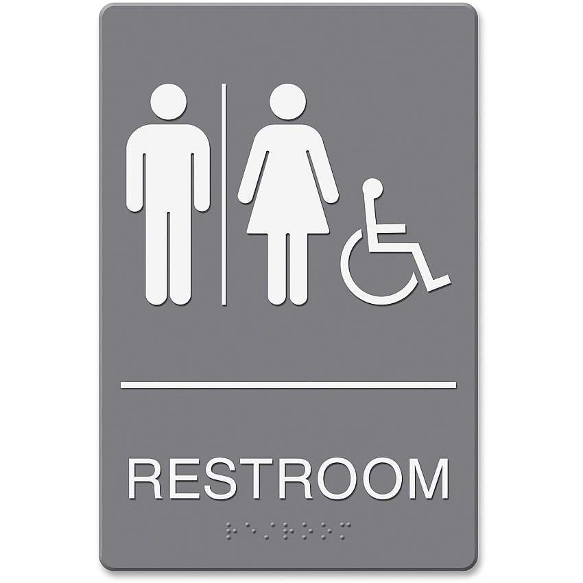 Headline Signs ADA Wheelchair/RESTROOM Image Sign Print/Message "Restroom (Man/Woman/Wheelchair)" - Rectangular Shape - Adhesive, Braille - Plastic - White - 1 Each - TAA Compliant (4811)