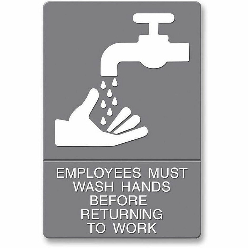 Headline Signs Employees Wash Hands Sign Print/Message "EMPLOYEES MUST WASH HANDS BEFORE RETURNING TO WORK" - 6" Width x 9" Depth - Adhesive Backing, Durable, Pictogram - Plastic - White, Gray - 1 Each (4726)