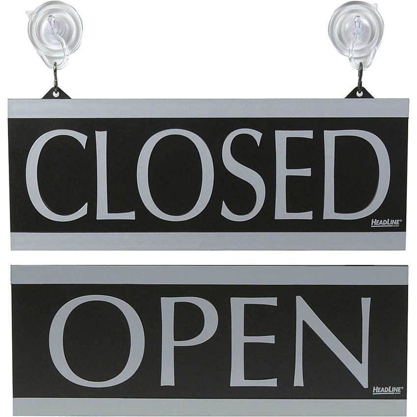 Headline Signs Century Series OPEN/CLOSED Sign Print/Message "Open/Closed" - 13" Width x 5" Depth - Silver Print/Message Color - Double Sided - Reversible, Suction Cup - Gray - 1 Each (4246)