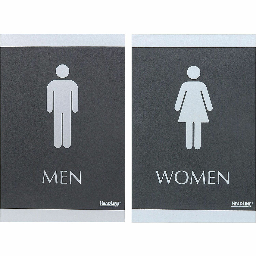 Headline Signs ADA MEN/WOMEN Restroom Sign Print/Message "Men" , "Women" - 6" Width x 9" Depth - Rectangular Shape - Silver Print/Message Color - Adhesive Backing, Durable, Pictogram, Self-adhesive, Braille - Plastic - Black, Gray - 2 / Set (4248)