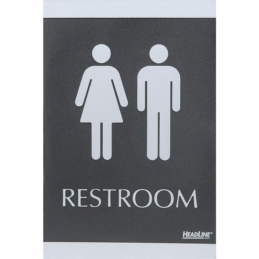Headline Signs ADA RESTROOM Sign Print/Message "Restroom" - 6" Width x 9" Depth - Rectangular Shape - Silver Print/Message Color - Adhesive Backing, Durable, Pictogram, Self-adhesive, Braille - Plastic - Black, Gray - 1 Each (4249)