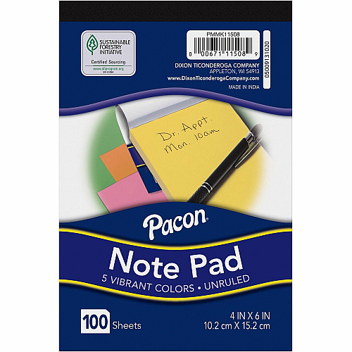 Pacon Note Pad 4" x 6" - Rectangle - 100 Sheets per Pad - Unruled - Assorted - Recyclable, Compact - 1 Each (PMMK11508)