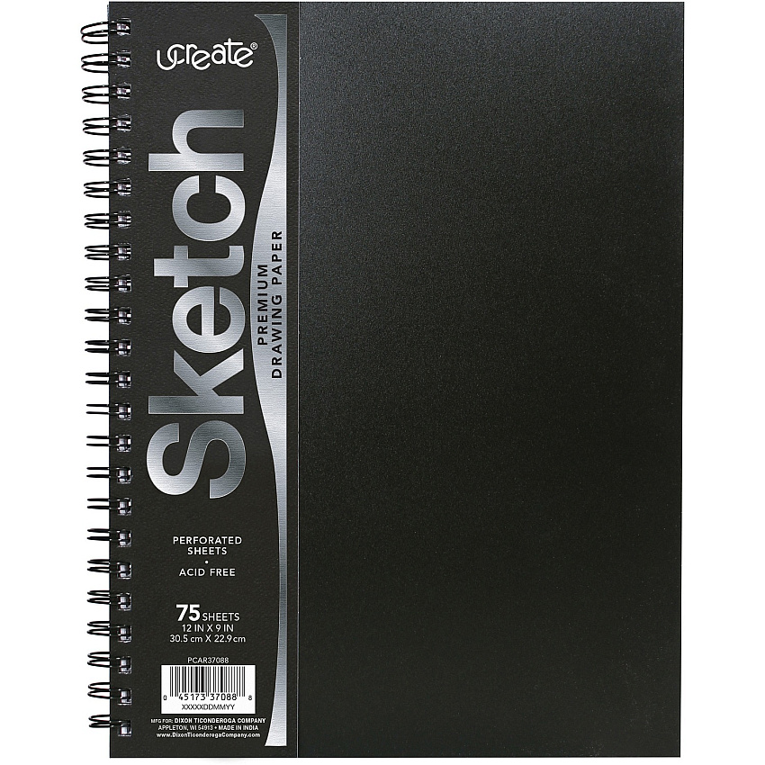 UCreate Poly Cover Sketch Book 75 Sheets - Spiral - 70 lb Basis Weight - 12" x 9" Sheet Size - 12" Width x 9" Depth - Black Polyurethane Cover - Heavyweight, Acid-free Paper, Durable Cover, Perforated - 1 Each (PCAR37088)