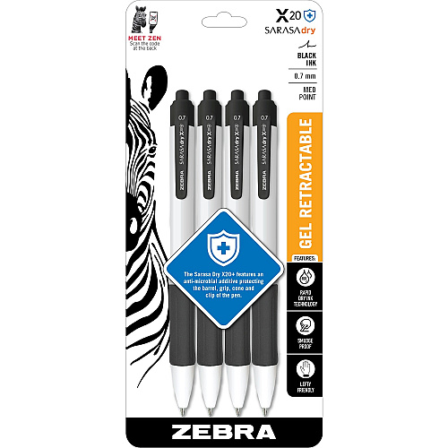 Zebra SARASA dry X20+ Retractable Gel Pen 0.7 mm Medium Pen Point - Retractable - Black Ink - Gel-based - Plastic Barrel - 4 / Pack (41614)