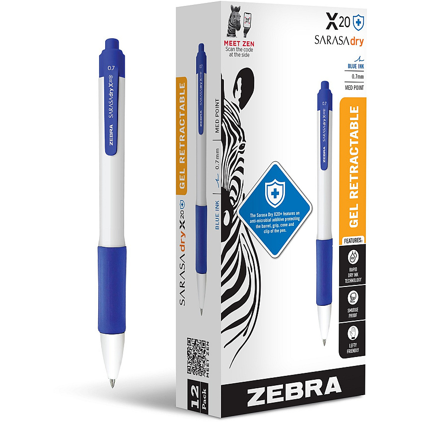 Zebra SARASA dry X20+ Retractable Gel Pen 0.7 mm Medium Conical Pen Point - Retractable - Blue Ink - Gel-based - White Plastic Barrel - Writing, Document, Classroom, Home, Office - 12 / Pack (41620)