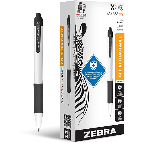 Zebra SARASA dry X20+ Retractable Gel Pen 0.7 mm Medium Conical Pen Point - Retractable - Black Ink - Gel-based - White Plastic Barrel - Writing, Document, Classroom, Home, Office - 12 / Pack (41610)