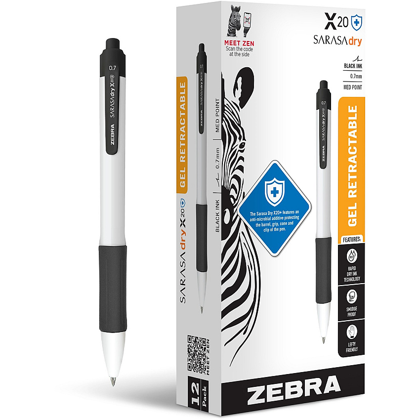 Zebra SARASA dry X20+ Retractable Gel Pen 0.7 mm Medium Conical Pen Point - Retractable - Black Ink - Gel-based - White Plastic Barrel - Writing, Document, Classroom, Home, Office - 12 / Pack (41610)