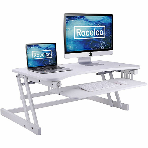 Rocelco DADR 37.4" Deluxe Adjustable Desk Riser 17" Height x 37" Width - Desk - White - For Monitor, Notebook, Office, Workstation, Medical, Home Office, Student, Keyboard - Sit-stand, Sturdy, Ergonomic, Keyboard Tray, Grommet, Cable Management,  (RDADRW)