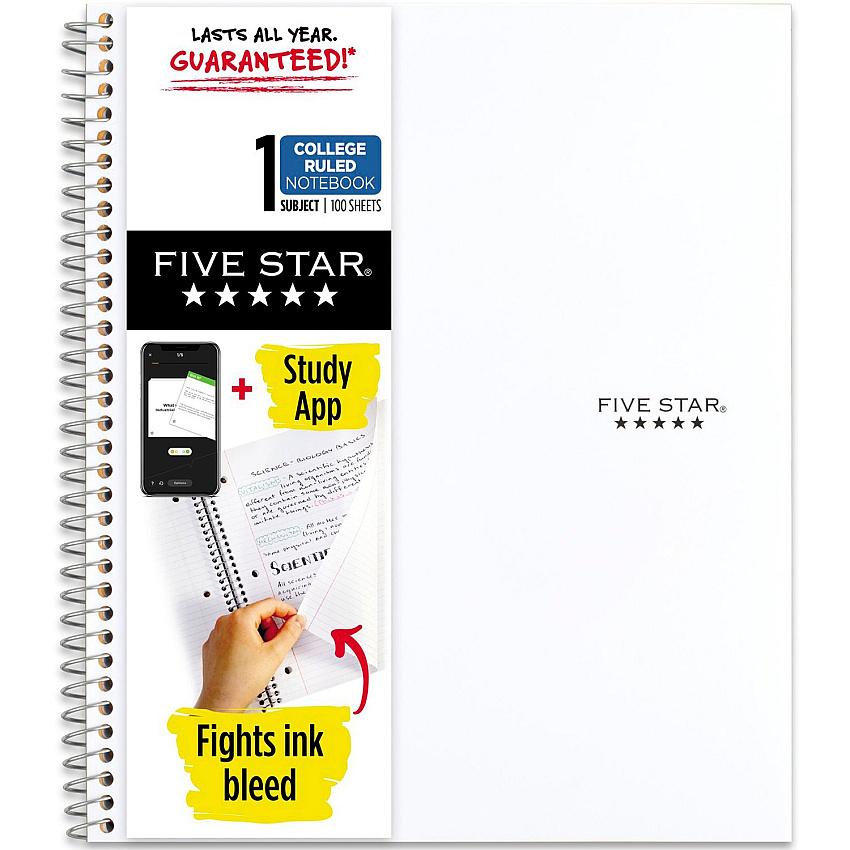 Mead Five Star Wirebound Notebook, 1 Subject, College Ruled, 11" x 8 1/2" , White 1 Subject(s) - 100 Sheets - 100 Pages - Wire Bound - 11" x 8 1/2" Sheet Size - Bleed Resistant, Durable, Water Resistant, Wear Resistant, Tear Resistant, Spill Resis (72456)